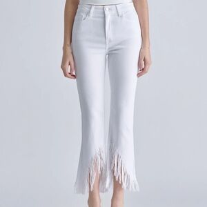 BRIGHT WHITE asymmetrical hem style jeans **my photos have weird lighting